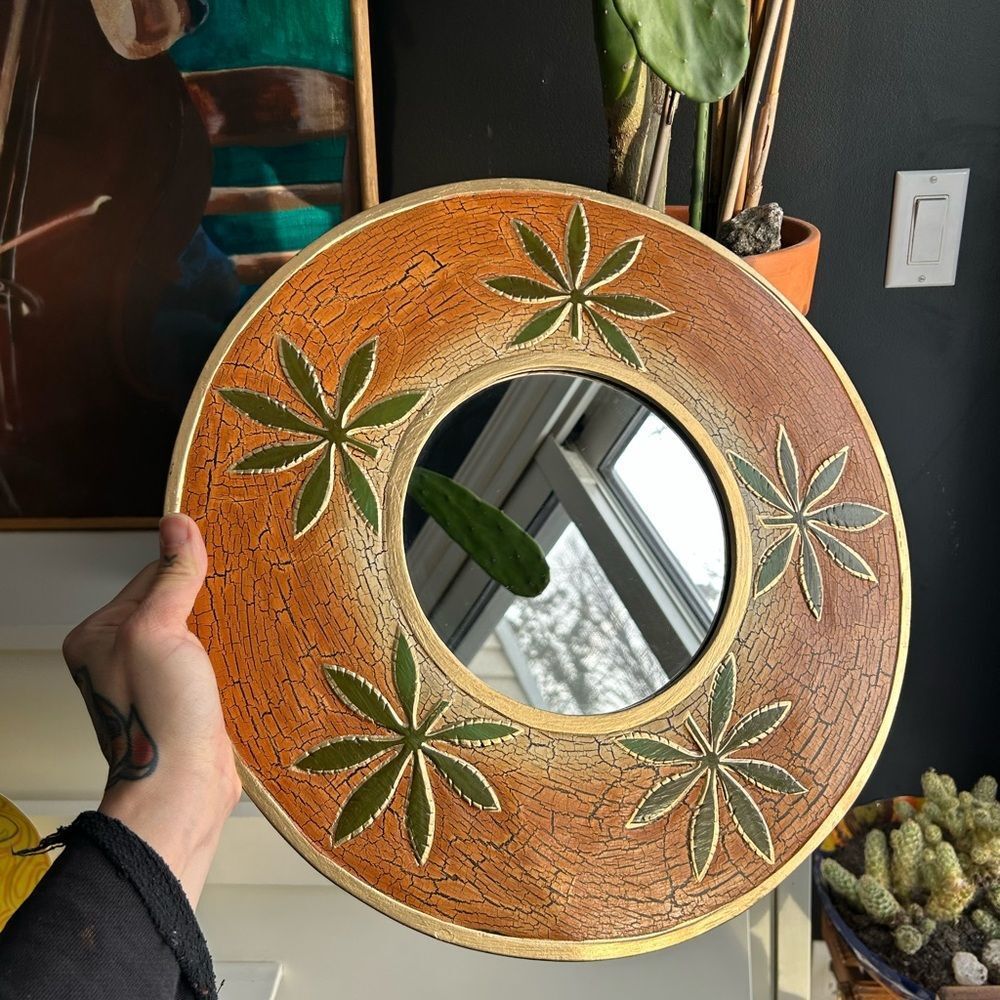 Vintage 15.75" Orange and Green Crackled Wood Decorative Mirror - Picture 3 of 14